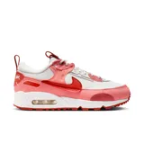 Zapatillas Nike Air Max 90 Futura de mujer, color blanco, rosa y rojo. Confeccionadas con materiales textiles y detalles de gamuza. Presentan la clásica cámara de aire visible en la entresuela y suela de goma con diseño waffle.