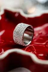 Anillo ancho de acero quirúrgico plateado, recubierto con cristales plateados tipo pavé.