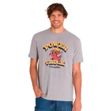 Remera gris de manga corta con estampa frontal de un camión animado y el logo de Caterpillar.