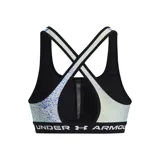 Top deportivo Under Armour con estampado abstracto en tonos verde militar y negro, breteles finos blancos y banda elástica con logo de la marca.