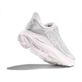 Championes de running Hoka Clifton 10, color gris claro con suela blanca y logo de la marca en el lateral.
