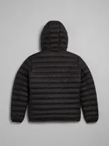 Campera puffer azul con capucha y cierre frontal.