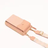 Porta celular color rosa con correa de tela estampada.