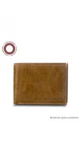 Billetera de cuero color marrón con costuras en hilo blanco. Tiene doble compartimento para billetes, visor para documentos y múltiples ranuras para tarjetas.