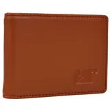 Billetera marrón de cuero con doble pliegue y pinza para billetes. Tiene capacidad para cuatro tarjetas de crédito y el logo de CAT grabado en la esquina inferior derecha.