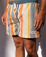 Short de baño con rayas verticales en tonos naranja, amarillo, gris y azul. Cintura elastizada con cordón ajustable.