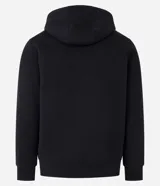 Saco deportivo gris de algodón y poliéster, con capucha ajustable con cordón, cierre frontal con cremallera, mangas largas con puños ajustados y bolsillos laterales.