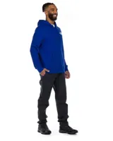 Buzo canguro azul con capucha y cordones ajustables. Logotipo de The North Face estampado en blanco en el pecho.