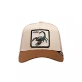 Gorro tipo trucker con visera y diseño de escorpión bordado en la parte frontal.