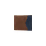 Billetera marrón de cuero nobuk con interior de cuero clásico y detalle lateral en azul.