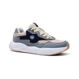 Championes Hi-Tec Lea de estilo casual, con capellada combinada en tonos gris, beige y azul marino, con detalles de costuras y perforaciones. Suela de goma blanca con base marrón.