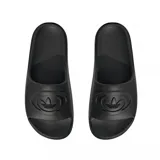 Sandalias tipo slide Adidas Adilette 22 Foam, color negro, con tira ancha que presenta un logo del trébol en relieve concéntrico.