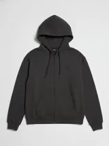 Canguro crudo con capucha, cierre frontal y bolsillo tipo canguro.