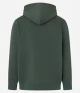 Saco canguro con capucha para hombre, color verde oscuro, con cierre de cremallera, cordón ajustable, bolsillo canguro y estampa de montaña en el pecho.