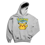 Canguro gris con capucha y bolsillo delantero, con estampado de Pikachu y el logo de Pokémon.