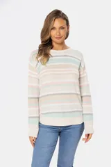 Buzo tejido de algodón a rayas horizontales en tonos azul marino, celeste, beige y blanco.