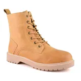 Bota de cuero marrón, con cierre frontal, diseño casual y suela antideslizante.