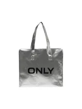 Bolso shopper plateado con estampado de red y logo de la marca Only en negro.