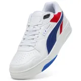 Championes Puma BMW MMS RBD Break Low, de cuero sintético blanco con detalles en azul y rojo. Presentan el logo de BMW Motorsport en el lateral y suela de goma.