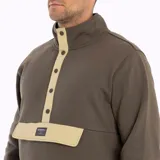 Buzo marrón con cuello alto con botones, tapeta color beige y bolsillo tipo canguro con etiqueta de la marca.