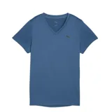 Remera azul de mujer Puma Essentials V-Neck, de corte clásico con escote en V y logo Puma Cat estampado en el pecho.