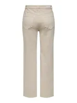 Jeans de pierna ancha color beige, de talle alto, con cinco bolsillos, cinco trabillas y cierre frontal.