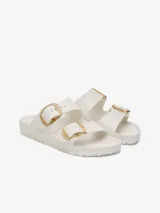 Sandalias Birkenstock Arizona Essentials, color blanco, con dos correas ajustables con hebillas grandes doradas. Plantilla anatómica y suela de goma EVA.