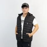 Chaleco puffer negro de nylon con capucha desmontable y cierre frontal.