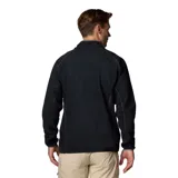 Campera polar negra con cierre frontal, cuello alto y bolsillo gris en el pecho.