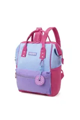 Mochila Trendy color celeste, fucsia y lila, con doble asa de mano y tiras de espalda regulables.