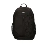 Mochila de poliéster negra con compartimento para laptop, bolsillo exterior con cierre y dos bolsillos laterales de malla.