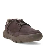Zapato Caterpillar Hex Lite Cruise color marrón oscuro, de cuero, con cordones y suela gruesa con diseño hexagonal.