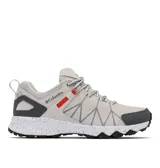 Zapatilla de senderismo Columbia Peakfreak II Outdry para hombre, color beige claro con detalles en gris oscuro y naranja. Presenta malla sin costuras, soportes impresos en 3D, membrana impermeable OutDry, sistema de cordones Navic Fit, plantilla OrthoLite® Eco y entresuela TechLite+.