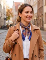 Bandana cuadrada de satén con estampado de arabescos en tonos azul, naranja y blanco.