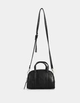 Cartera bowling negra con efecto croco, doble asa de mano y correa regulable desmontable.