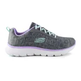 Championes Skechers Flex Appeal 5.0 Modern Times, color gris con detalles en lila y celeste. Capellada de malla de jersey, cordones, plantilla Air-Cooled Memory Foam y entresuela Flex Lite.