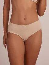 Pack de dos culottes de algodón color nude, con detalle de lazo pequeño en el centro frontal y borde superior con terminación de encaje o puntilla fina.