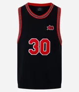 Musculosa negra de punto con cuello redondo y bies contrastante en rojo. Estampado frontal con el número 30 y logo de la marca.