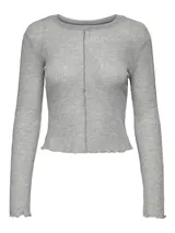 Remera gris de punto canalé con cuello redondo y mangas largas.