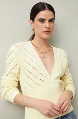 Sweater negro de tejido de punto calado, con escote en V cruzado y mangas largas.