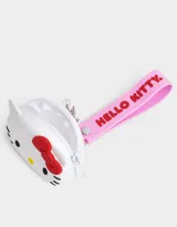 Llavero con monedero de silicona con forma de la cara de Hello Kitty, con moño rojo y correa rosa con dijes.