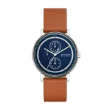 Reloj Skagen Signatur Multifunction con caja plateada de 40mm, esfera azul oscuro con tres subesferas y correa de cuero marrón. Resistente al agua hasta 50m.