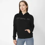 Buzo negro con capucha, marca Caterpillar, con logo de la marca estampado en el pecho. Tiene un bolsillo tipo canguro en la parte delantera y puños y cintura acanalados.