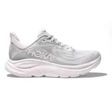 Championes de running Hoka Clifton 10, color gris claro con suela blanca y logo de la marca en el lateral.