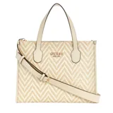Bolso tote Guess modelo Silvana, color blanco con diseño de espiga en beige. Tiene doble asa de mano, correa bandolera extraíble y cierre superior. El interior está forrado y cuenta con bolsillos.