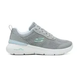 Championes Skechers Skech-Air Dynamight 2.0, color gris con detalles en celeste y verde agua. Capellada de malla con superposiciones sintéticas, plantilla Memory Foam y entresuela Skech-Air con cámara de aire visible.