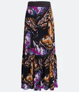 Pollera midi de viscosa con estampado de mariposas, cintura elastizada con pespuntes de colores y ruedo fruncido.