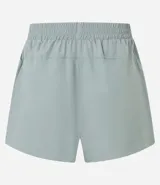 Short deportivo femenino modelo runner, color marrón chocolate con cintura elástica y rayas laterales color crema.