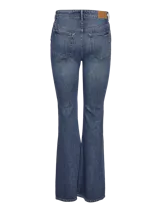 Jean slim flared fit de tiro alto color azul denim, con pierna acampanada y cierre de botón y cremallera. Confeccionado en denim de sarga.