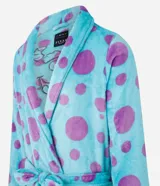 Bata de baño azul con lunares violetas, con lazo en la cintura, bolsillos y estampa de la cara de Sulley de Monsters Inc.